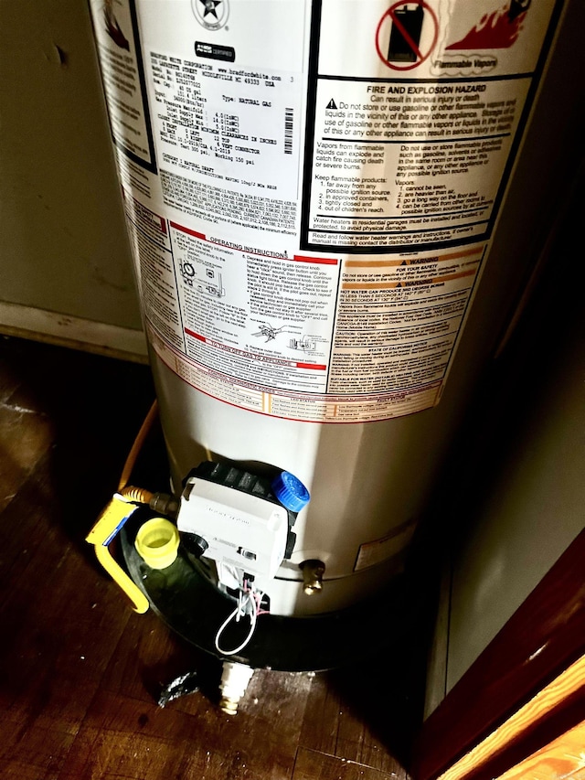 details featuring gas water heater and wood finished floors