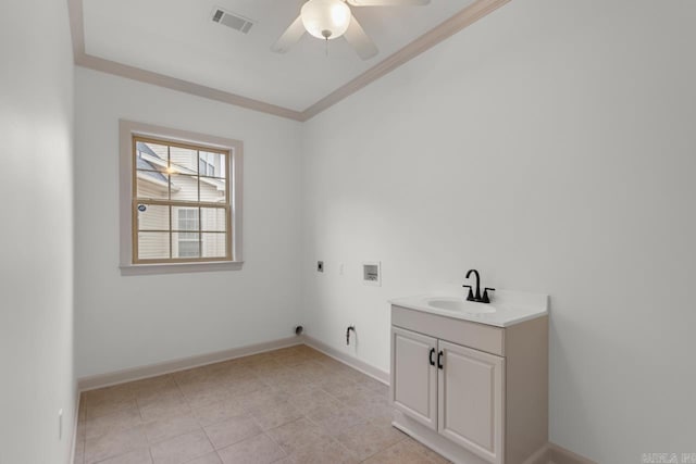 clothes washing area featuring hookup for a washing machine, visible vents, hookup for an electric dryer, cabinet space, and a sink