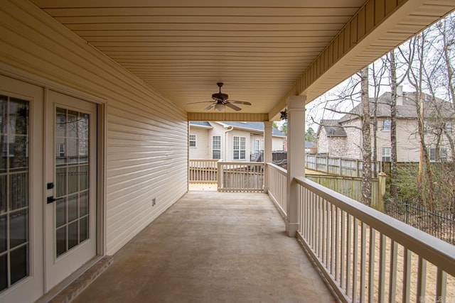 balcony featuring french doors and ceiling fan