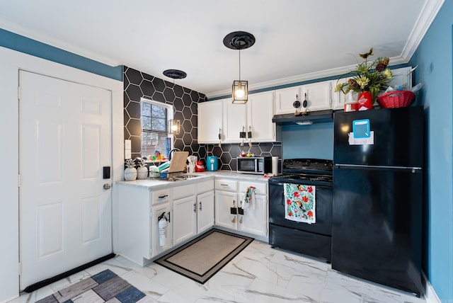 kitchen featuring black appliances, white cabinets, light countertops, under cabinet range hood, and marble finish floor