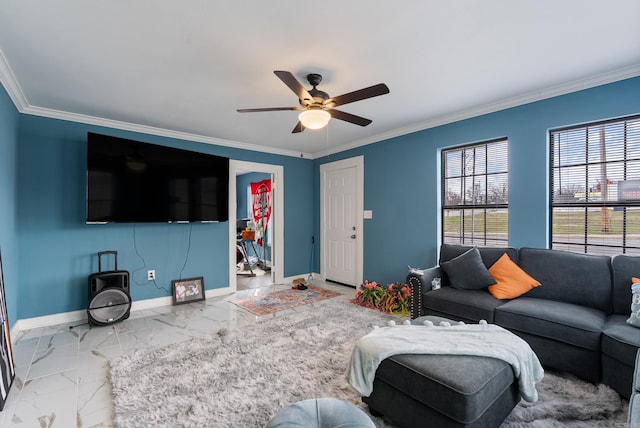 living area featuring marble finish floor, ceiling fan, baseboards, and ornamental molding