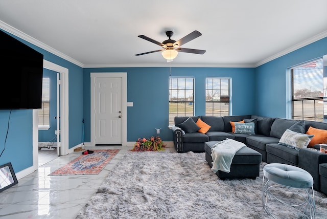 living room featuring a ceiling fan, crown molding, baseboards, and marble finish floor