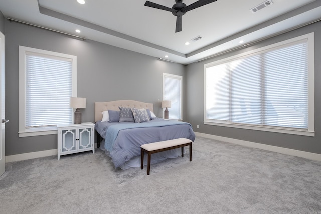 bedroom featuring recessed lighting, visible vents, carpet flooring, and baseboards