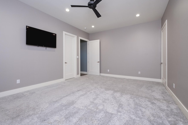 unfurnished bedroom with recessed lighting, baseboards, carpet floors, and a ceiling fan