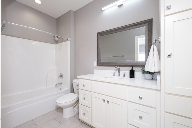 full bath featuring toilet, recessed lighting,  shower combination, tile patterned flooring, and vanity