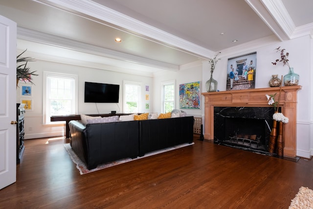 living area featuring beam ceiling, wood finished floors, a high end fireplace, and ornamental molding