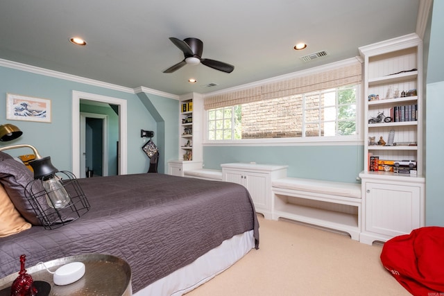 carpeted bedroom featuring visible vents, recessed lighting, ceiling fan, and ornamental molding