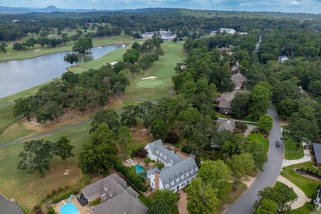 bird's eye view with golf course view and a water view