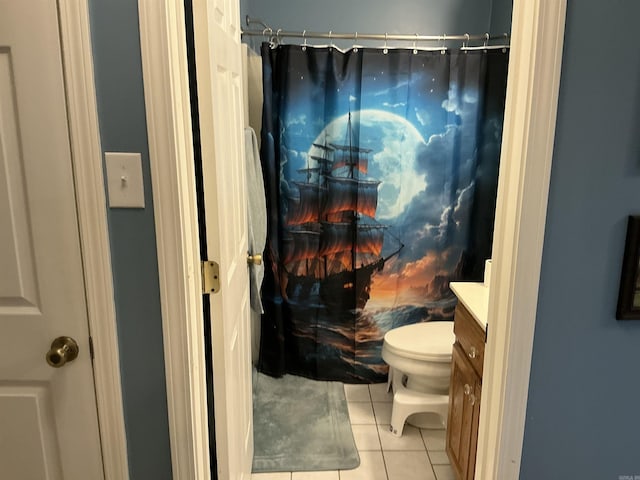 full bath with tile patterned floors, toilet, vanity, and a shower with shower curtain