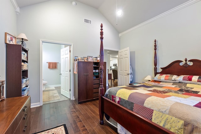 bedroom with visible vents, high vaulted ceiling, ensuite bath, dark wood finished floors, and baseboards