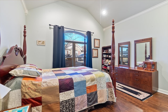 bedroom with baseboards, high vaulted ceiling, dark wood-style floors, and crown molding