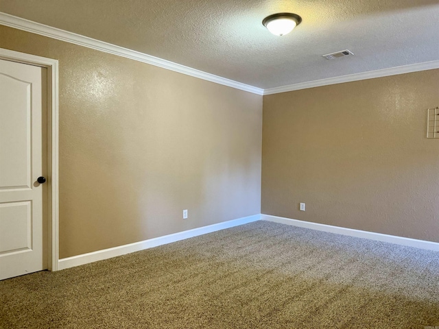 carpeted spare room with visible vents, crown molding, baseboards, a textured wall, and a textured ceiling