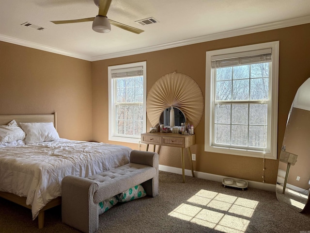 bedroom with crown molding, multiple windows, and visible vents