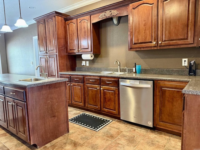 kitchen with stainless steel dishwasher, crown molding, a center island with sink, and a sink