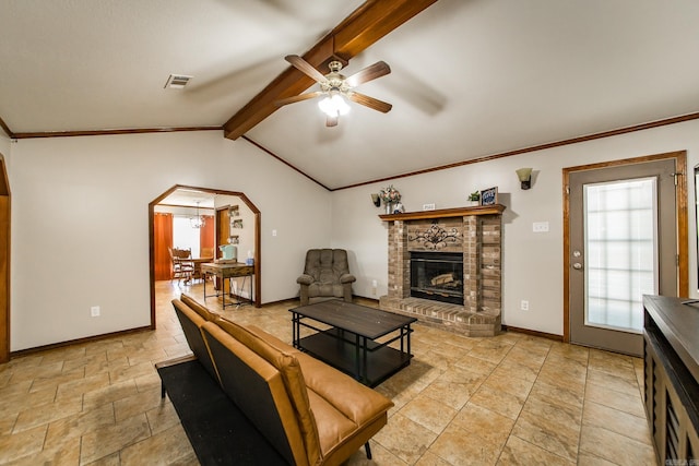 living room with baseboards, visible vents, lofted ceiling with beams, arched walkways, and a brick fireplace