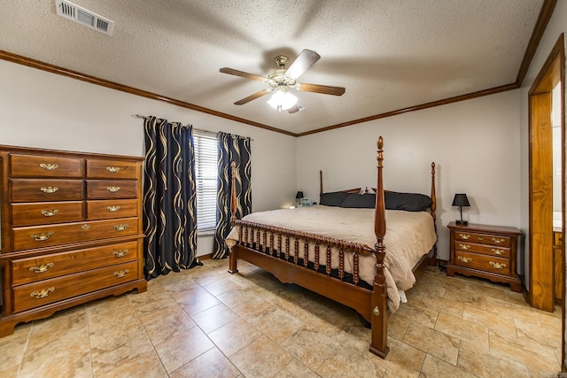 bedroom with visible vents, a textured ceiling, ceiling fan, and ornamental molding