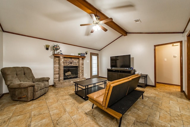 living room featuring vaulted ceiling with beams, baseboards, and visible vents