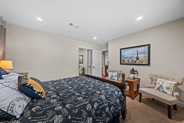 bedroom with recessed lighting, visible vents, and carpet flooring