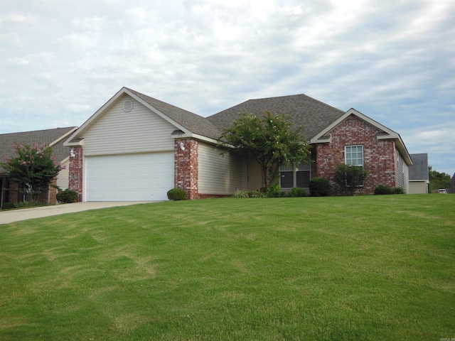 ranch-style home featuring a front yard, an attached garage, a shingled roof, concrete driveway, and brick siding