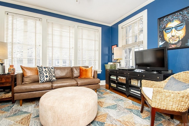 living room with wood finished floors and crown molding