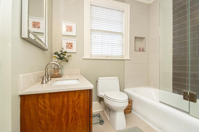 full bathroom with enclosed tub / shower combo, toilet, and vanity