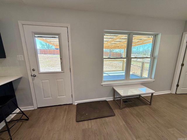 doorway to outside featuring a wealth of natural light, baseboards, and wood finished floors