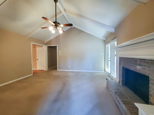 unfurnished living room featuring baseboards, carpet, a brick fireplace, and vaulted ceiling with beams