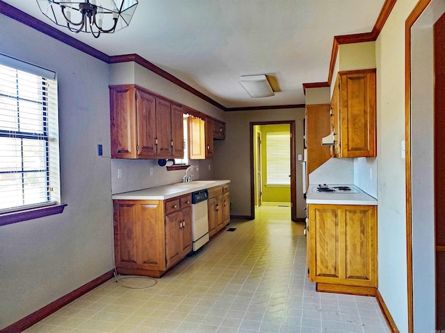 kitchen featuring a sink, crown molding, light countertops, dishwashing machine, and baseboards