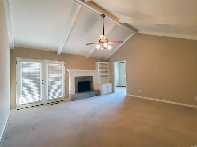 unfurnished living room featuring visible vents, carpet floors, a fireplace, baseboards, and vaulted ceiling with beams