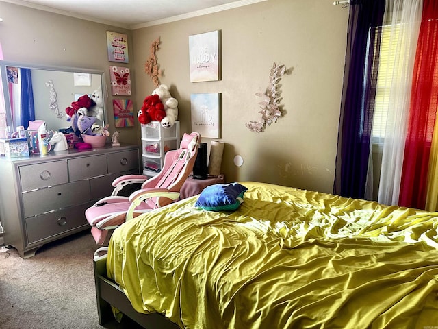 carpeted bedroom featuring multiple windows and ornamental molding