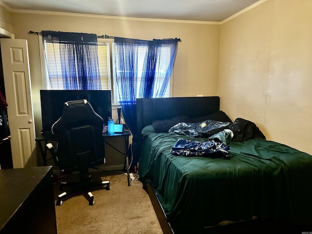 carpeted bedroom with ornamental molding