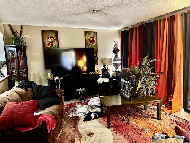 living area featuring a textured ceiling