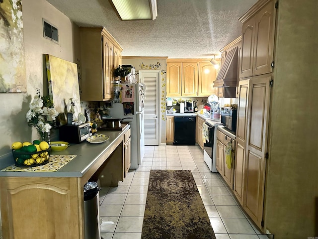 kitchen featuring light tile patterned flooring, custom range hood, a textured ceiling, dishwasher, and white range with electric stovetop