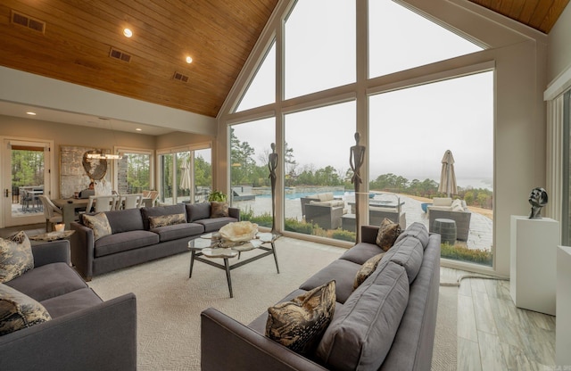 living room with visible vents, high vaulted ceiling, wood finished floors, recessed lighting, and wood ceiling