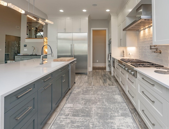 kitchen featuring decorative backsplash, stainless steel appliances, white cabinetry, wall chimney exhaust hood, and a sink