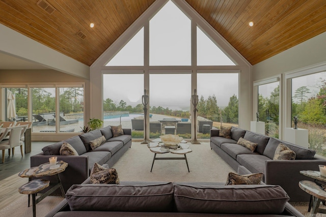 living room featuring recessed lighting, wooden ceiling, and high vaulted ceiling