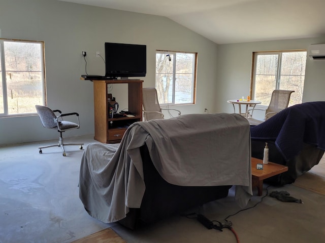 carpeted living area featuring lofted ceiling and a wall mounted air conditioner