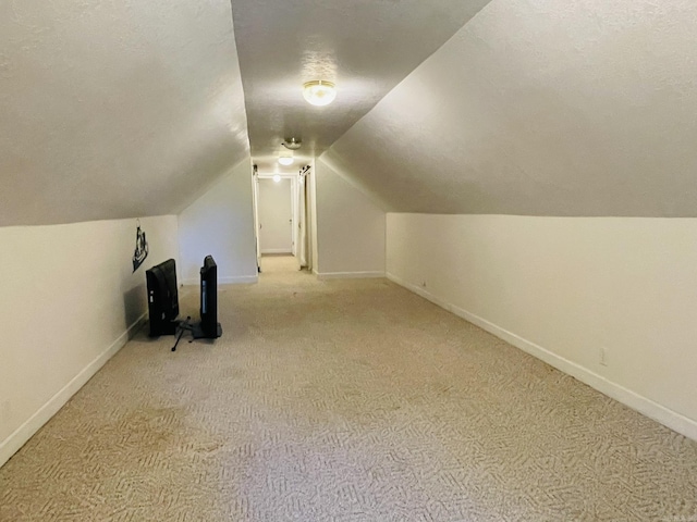 additional living space with light colored carpet, baseboards, and a textured ceiling