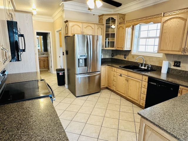 kitchen featuring tasteful backsplash, ornamental molding, stainless steel appliances, and a sink