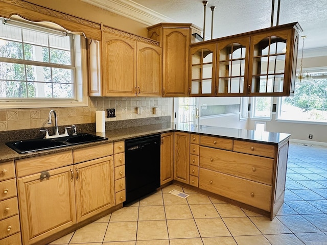 kitchen with backsplash, crown molding, black dishwasher, a peninsula, and a sink