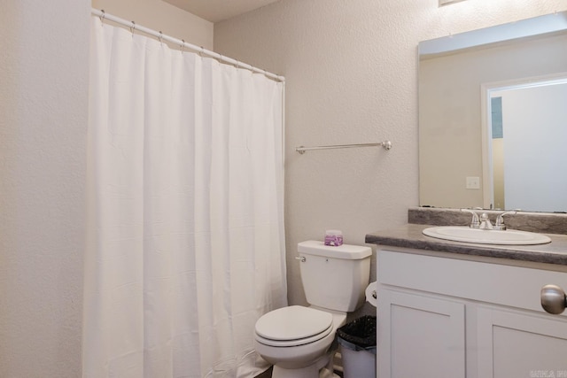 bathroom featuring toilet, vanity, and a textured wall