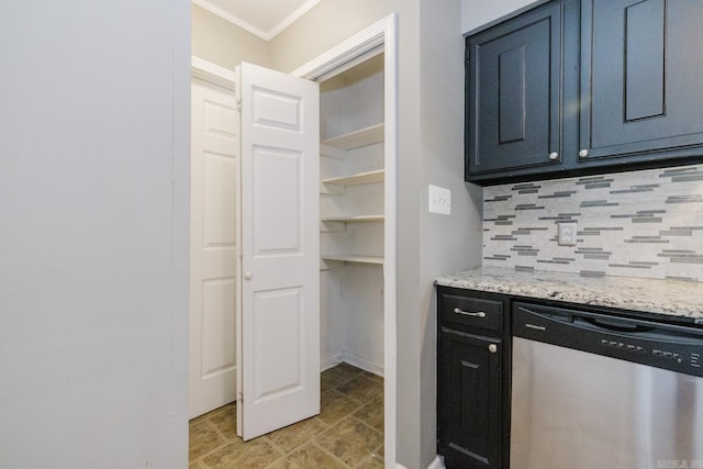 interior space featuring tasteful backsplash, stainless steel dishwasher, ornamental molding, and light stone countertops