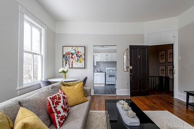 living room featuring a wealth of natural light, baseboards, and dark wood finished floors