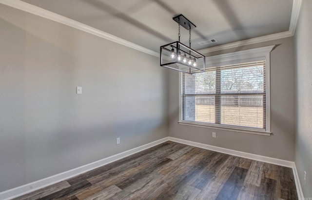 unfurnished dining area with visible vents, baseboards, ornamental molding, and dark wood-style flooring