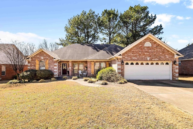 ranch-style home with a front lawn, driveway, roof with shingles, an attached garage, and brick siding