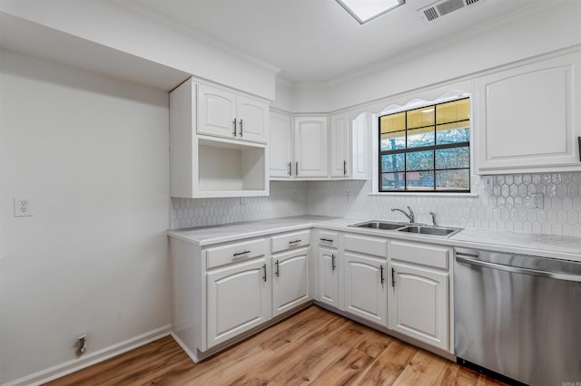 kitchen featuring visible vents, a sink, white cabinets, dishwasher, and backsplash