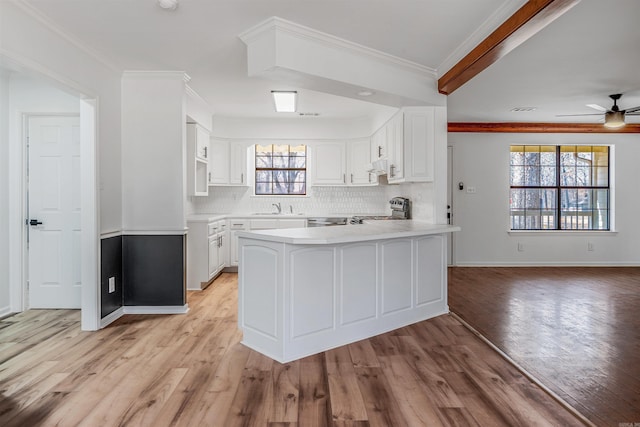 kitchen with a sink, appliances with stainless steel finishes, a peninsula, light wood finished floors, and decorative backsplash