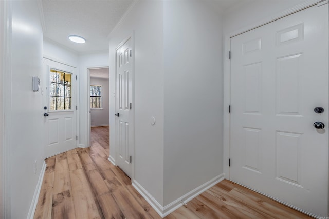 entrance foyer featuring light wood-type flooring, baseboards, and crown molding