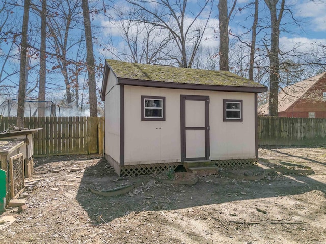 view of shed featuring a fenced backyard