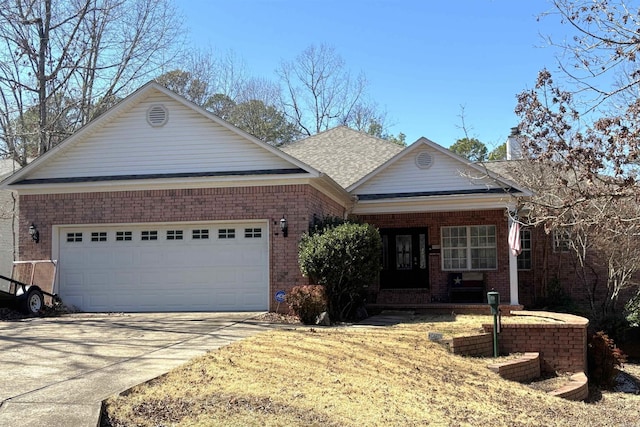 ranch-style house featuring a garage, covered porch, brick siding, and driveway